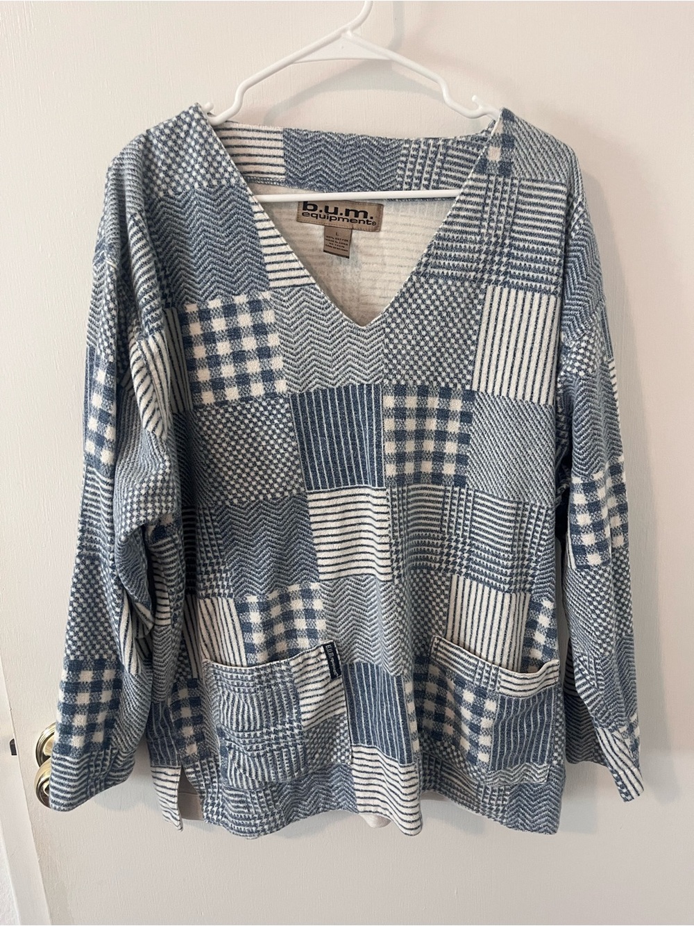 B.U.M. Equipment Vintage Patchwork V-Neck Long Sleeve Blue Shirt 1990’s Large